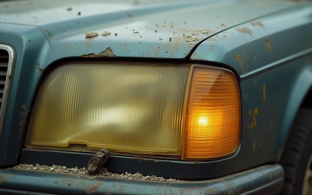 A foggy, yellowed, and oxidized car headlight before restoration