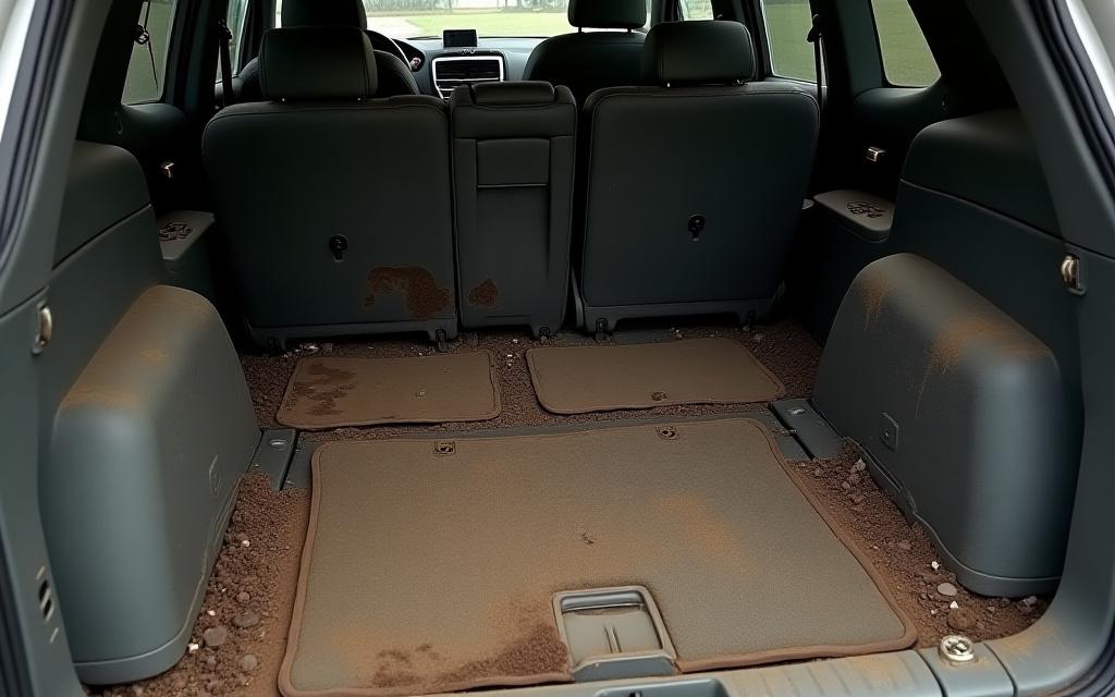 Dirty SUV interior with stained seats and floor mats before cleaning